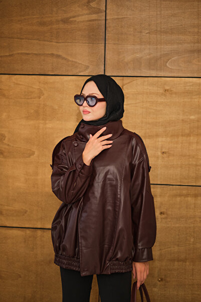 LOCCO Γυναικείο δερμάτινο μπουφάν ψηλός λαιμός Βουργουνδίας