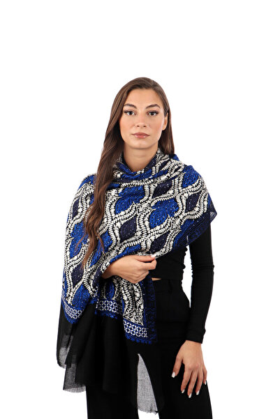 Bursa İpek Black Cobalt Stone Embroidered Wool Silk Shawl