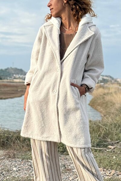 Güneşkızı Παλτό Ecru με με κουκούλα κουμπιά, τσέπες, υφαντό με καστανό χρώμα 99 55