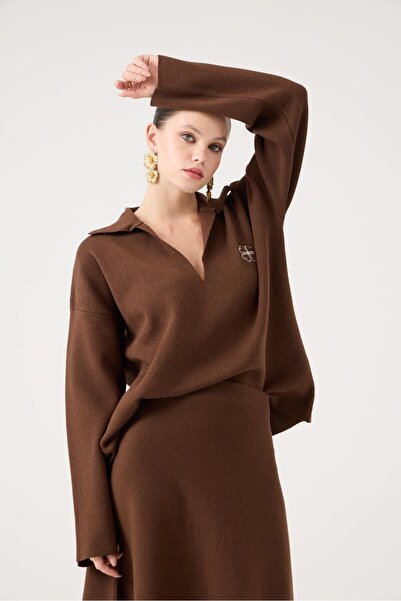 HOLLY LOLLY Oversized Cut Polo Neck Zoi Knitwear Sweater Brown