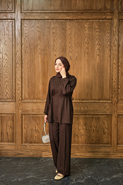 LOCCO Women's Stone Detail Two-Piece Set Brown