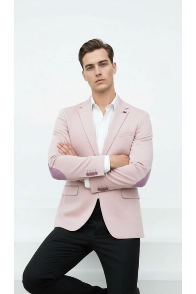 Plus Scorpion Light Pink Men's Italian Cut Blazer Jacket – Sleeve Patched, S Slim Fit Stylish and Modern Tasa