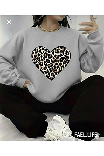 FAEL LİFE Leopard Pattern Heart Printed Crew Neck Oversized Bottom Top Set