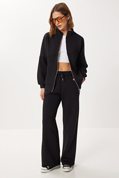 Lovelyİstanbul Zippered Ribbed Knitted Top and Bottom Set Lby0021 Black