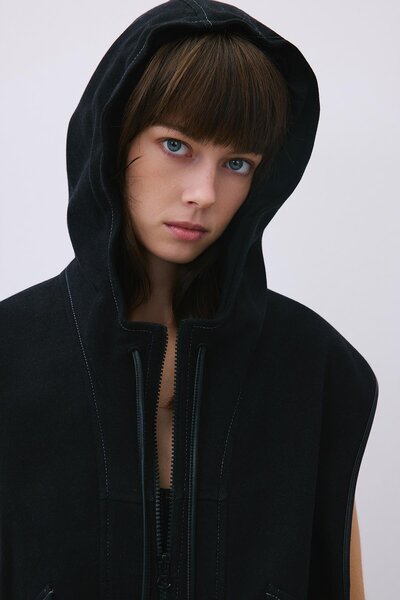 rue Hooded Black Knitwear Vest with Leather Detail