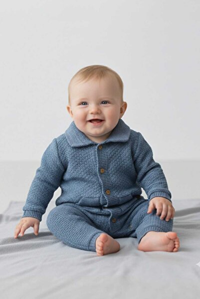 Mamman's Knitwear Knitted Winter Baby Romper, with Pockets, Polo Neck, Thick Knit Boys Buttoned Jumpsuit