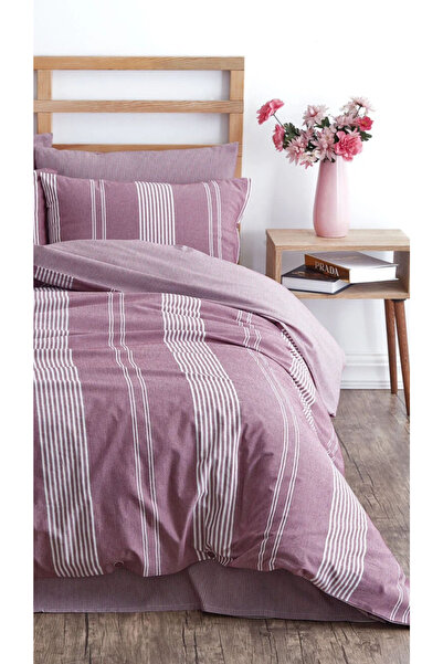 çeyizline Double Natural Striped Duvet Cover Set Plum Organic (4 Pillowcases)