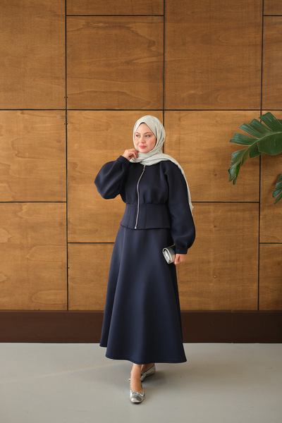 LOCCO Costum cu fustă cu fermoar pentru femei, albastru închis