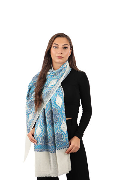 Bursa İpek Cream Blue Stone Embroidered Wool Silk Shawl
