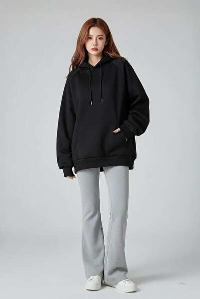 Karakedi Pulover unisex cu glugă negru, gros, oversized, drept