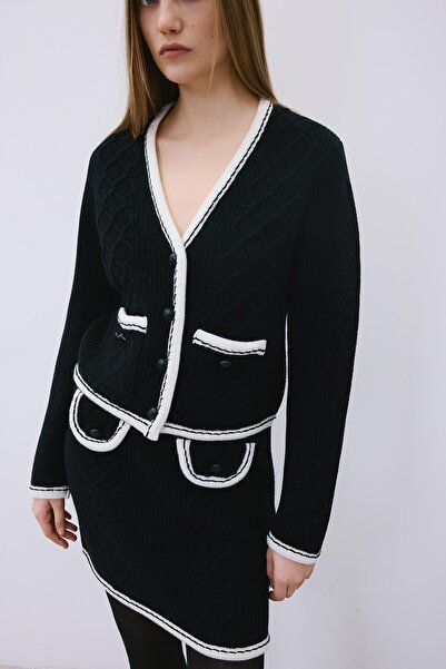 rue Contrast Piped Black Knitwear Cardigan