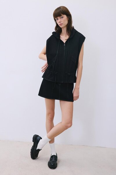 rue Hooded Black Knitwear Vest with Leather Detail