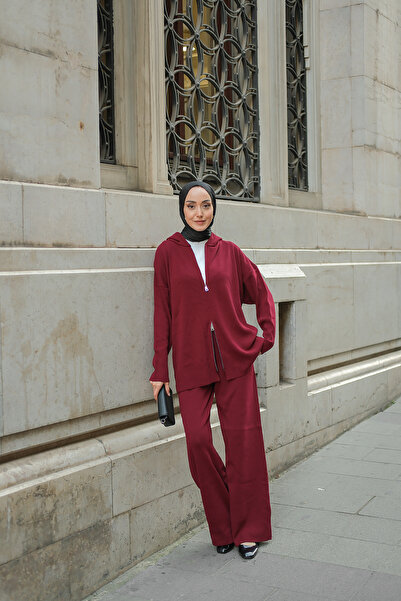 LOCCO Women's Self-Patterned Knitwear Set Burgundy