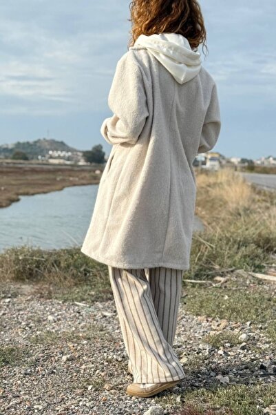 Güneşkızı Παλτό Ecru με με κουκούλα κουμπιά, τσέπες, υφαντό με καστανό χρώμα 99 55