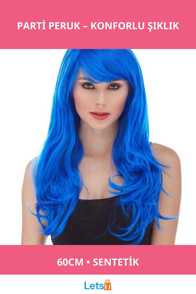 Letsii Blue Color 60cm Long Synthetic Party Wig