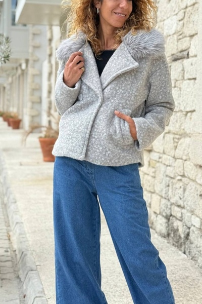 Güneşkızı Gray Fur Collar Textured Buttoned Pocketed Cashmere Woven Coat 60 45