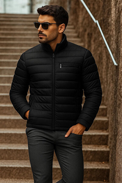 comstar Men's Winter Basic Mock Neck Zippered Black Puffer Jacket