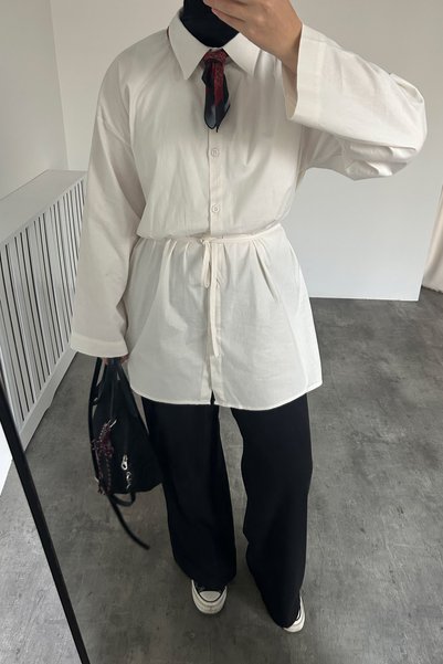 HYWONA Women's Waist-Tied Cotton Pinterest Shirt Ecru