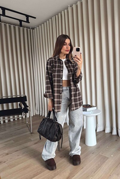 Sue Store Brown Beige Plaid Oversized Shirt
