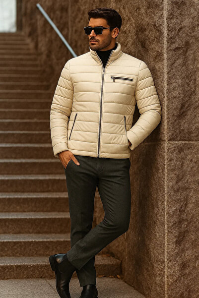 comstar Men's Winter Basic Mock Neck Zippered Cream Puffer Coat