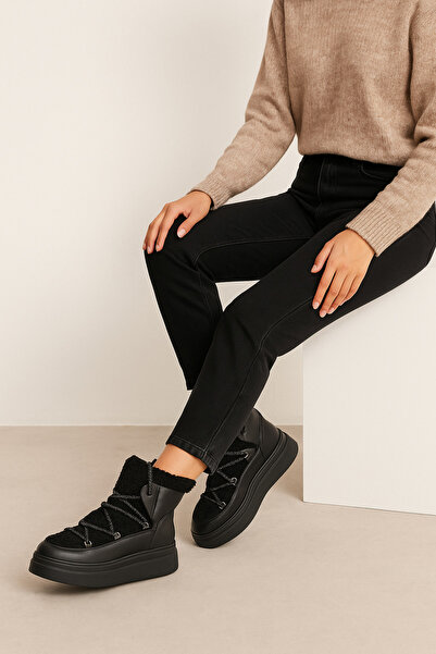 Acropol Black Fur Women's Sneaker Boots – Warm Soled, Thick Sole, Winter Model