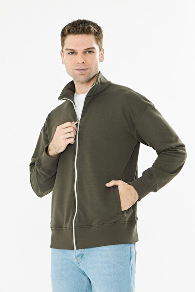 TRENDHİLL Ανδρικό μπλουζάκι από βαμβακερό φούτερ με φερμουάρ χακί 9507-H