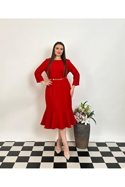 DE WHITES Plus size belted dress with fish detail bottom skirt part