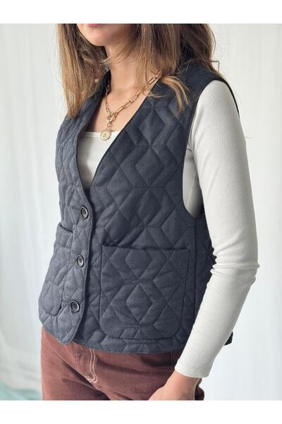 Retrobird Design Front Buttoned Quilted Vest Women's Basalt