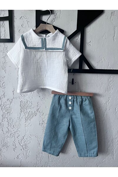 SophiAtelier Ținută bebeluș băiețel din 50% in și 50% muselină certificată OEKO-TEX, combinație alb-albastru