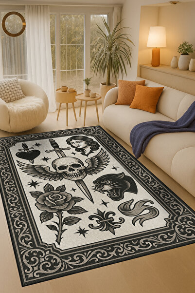Rugs Modern Halı Mosso Gray Theme Skull Rose Dagger Pattern Woven Base Modern Decorative Rug Mosso1077