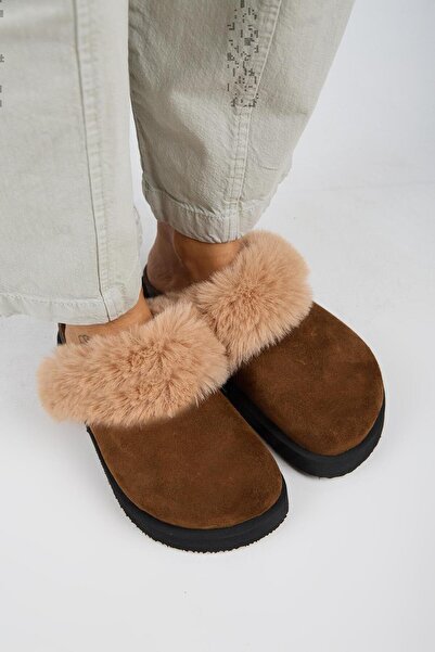 Manijero Ruzqahi Fur Women's Leather Genuine Leather Flat Platform Sabo Tan Slippers