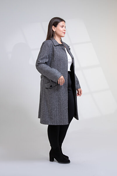 Roxxlen Plus Size Herringbone Coat Black