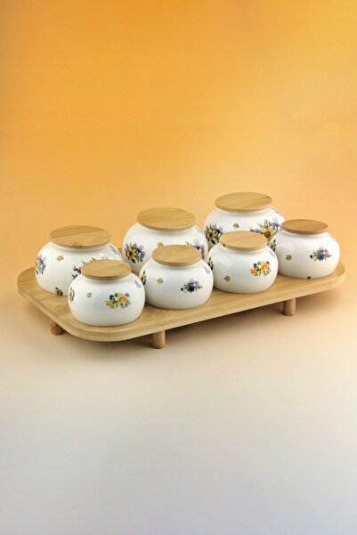 Bursa Porselen Dekor Veloria 7-Piece Porcelain Spice Rack with Bamboo Stand
