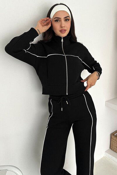 VAGGON Women's Black Contrast Stitching Piece Zippered Crop Sweat and Wide Leg Sweatpants Set Vs01571