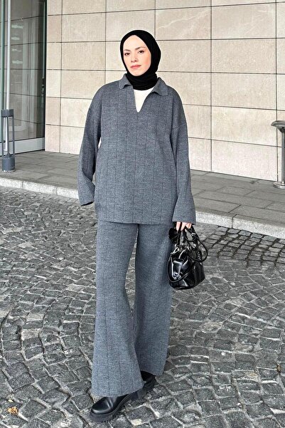 lamelif Collar Detail Double Hijab Set Anthracite