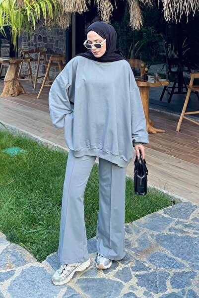 lamelif Hooded Pants Two-Piece Hijab Set Gray