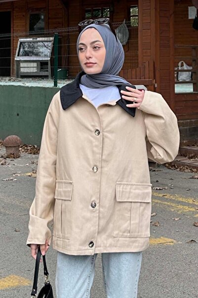 lamelif Collar Detailed Buttoned Gabardine Jacket in Mink Color