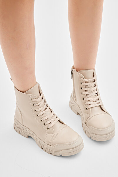 Tonny Black Kadın Bej Kalın Termo Taban Bağcıklı ve Fermuarlı Günlük Bot