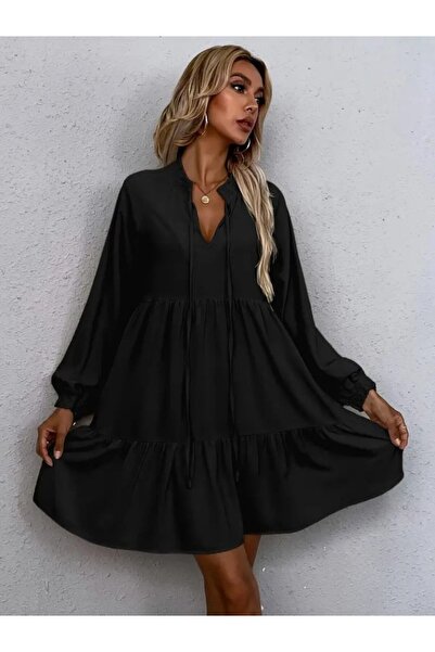 SERERO VOGUE Kadın Uzun Kollu Yakadan Bağcıklı Fırfırlı Keten Mini Elbise