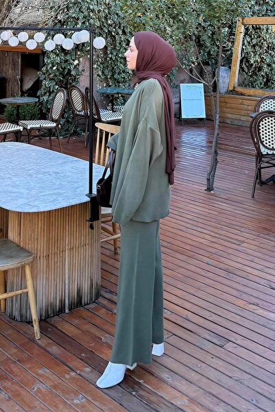 lamelif Plain Double Knit Hijab Suit Khaki