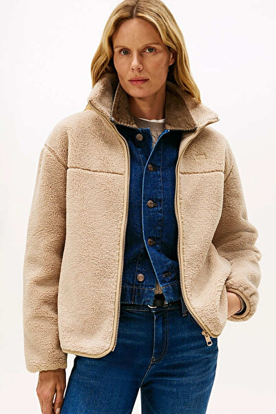 Tommy Hilfiger Kadın Regular Fit Dik Yaka Peluş Ceket - Bej