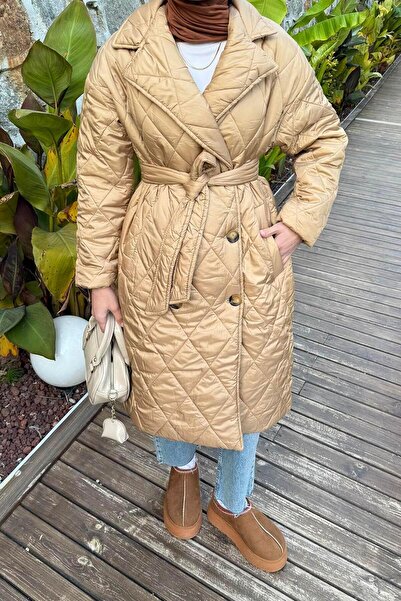 lamelif Jacket Collar Belted Quilted Coat Beige