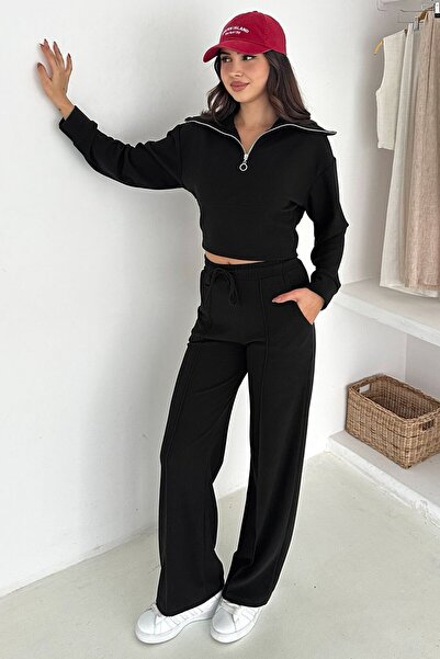 VAGGON Women's Black Half-Zip Crop Sweat and Wide-Leg Sweatpants Set Vs01568