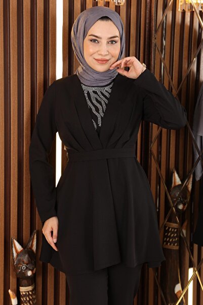 Modamihram Stone Detailed Belted Suit Black Msw19122-3