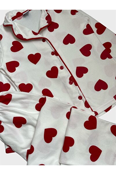 tusem butik homewear Girls' Cotton Suede Fabric White Red Heart Pattern Long Sleeve Shirt Collar Buttoned Pajama Set