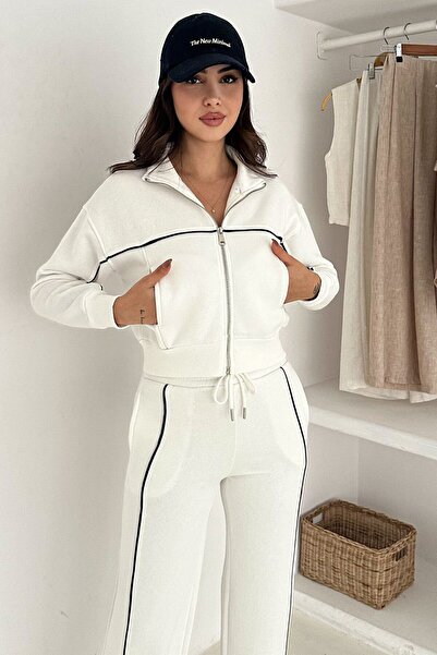VAGGON Women's White Contrast Stitching Piece Zippered Crop Sweat and Wide Leg Sweatpants Set Vs01571