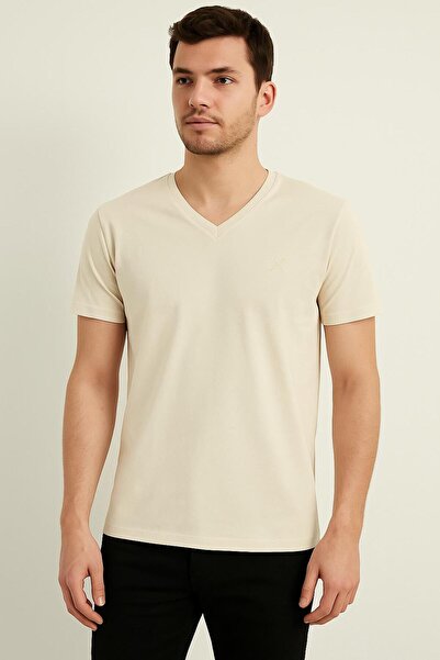 RAPAPA Ανδρικό μπλουζάκι με λαιμόκοψη σε κρεμ χρώμα 2398