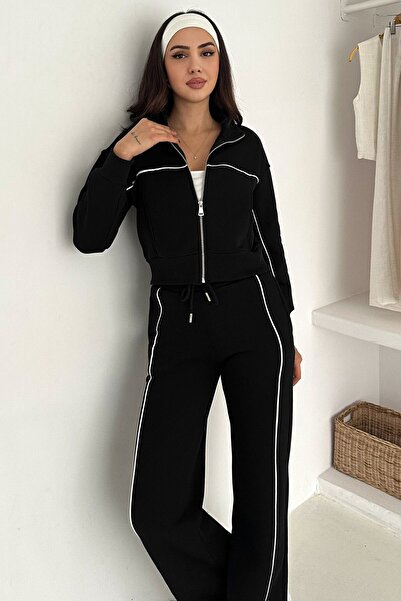 VAGGON Women's Black Contrast Stitching Piece Zippered Crop Sweat and Wide Leg Sweatpants Set Vs01571