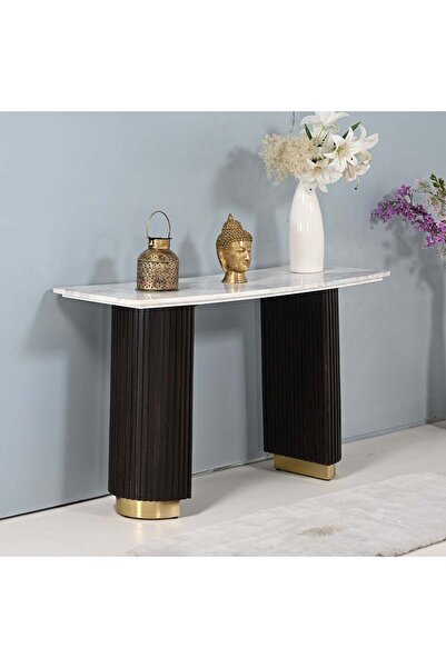 danube طاولة كونسول من لاتيمر بسطح رخامي - أبيض/جوزي/ذهبي، مصنوعة من الخشب ال...