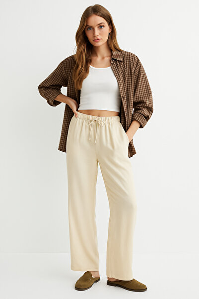 Rich Women's Cream High Waist Elastic Wide Leg Trousers-Multicolour 9